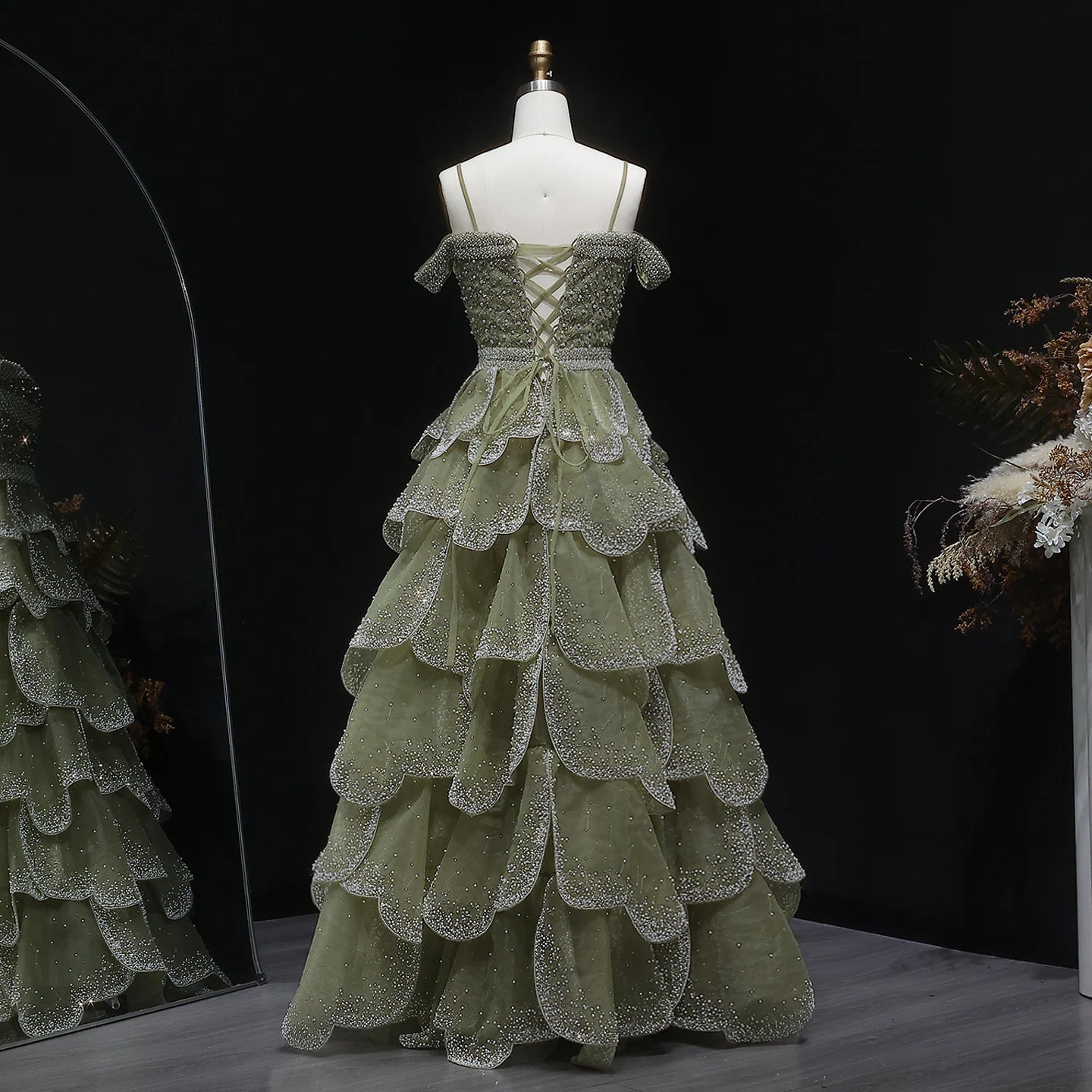 Green Sage Green Off-Shoulder Tiered Ruffle Evening Gown — GCC Formal — Riviera Couture GCC Luxury Evening Gown