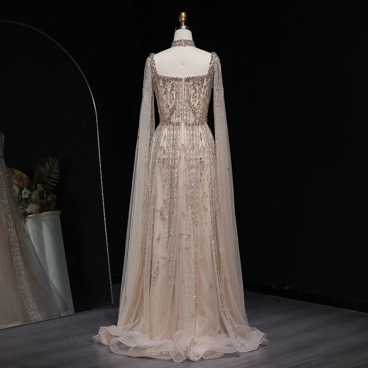 Pink Nude Arabic Evening Gown with Cape Sleeves and Wine Red Choker — Riviera Couture GCC Luxury Evening Gown