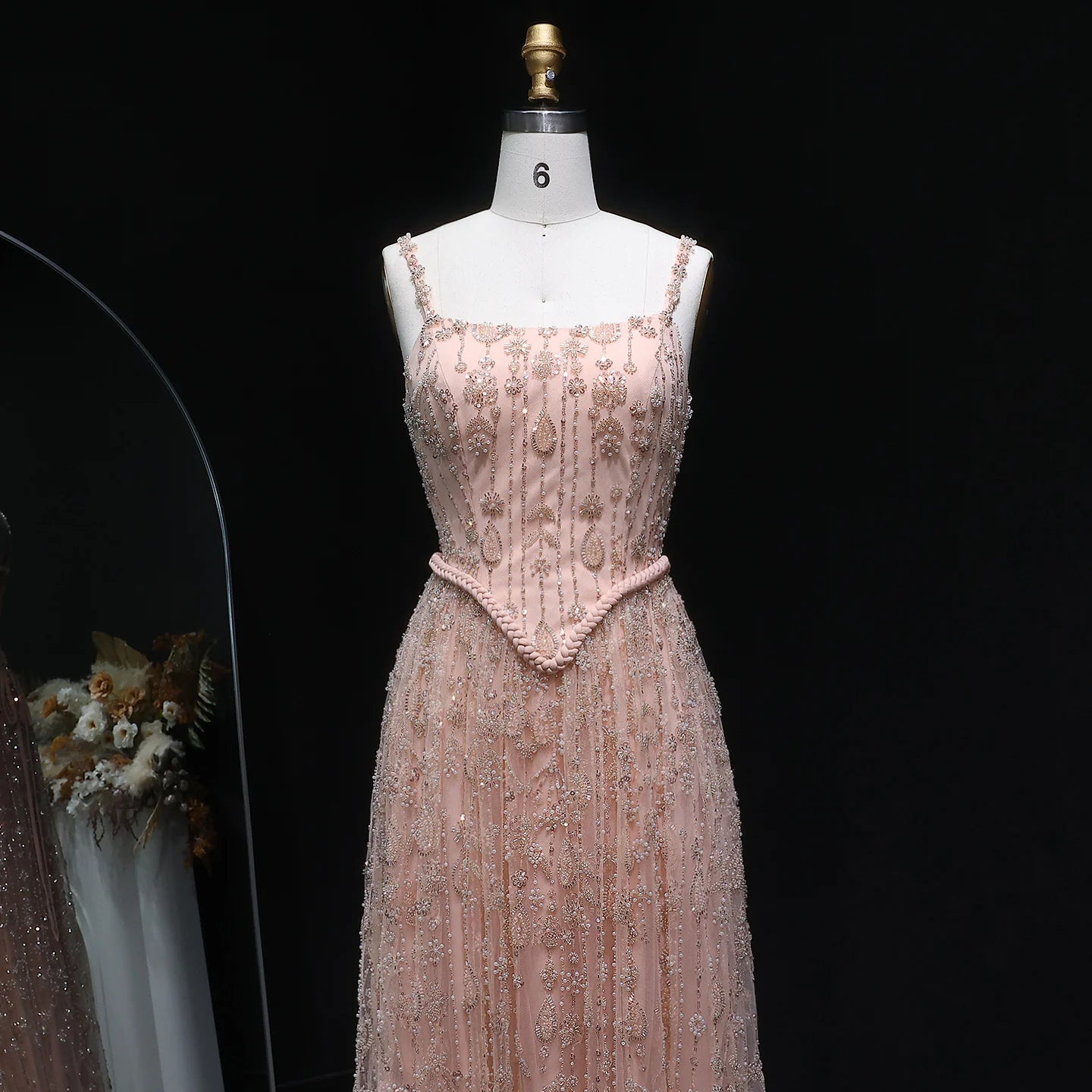 Nude Long Sleeves Sage Green Spaghetti Strap Evening Gown — Arabic Luxury 2026 — Riviera Couture GCC Luxury Evening Gown