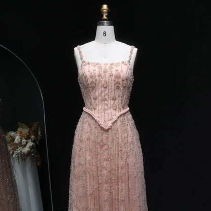 Nude Long Sleeves Sage Green Spaghetti Strap Evening Gown — Arabic Luxury 2026 — Riviera Couture GCC Luxury Evening Gown