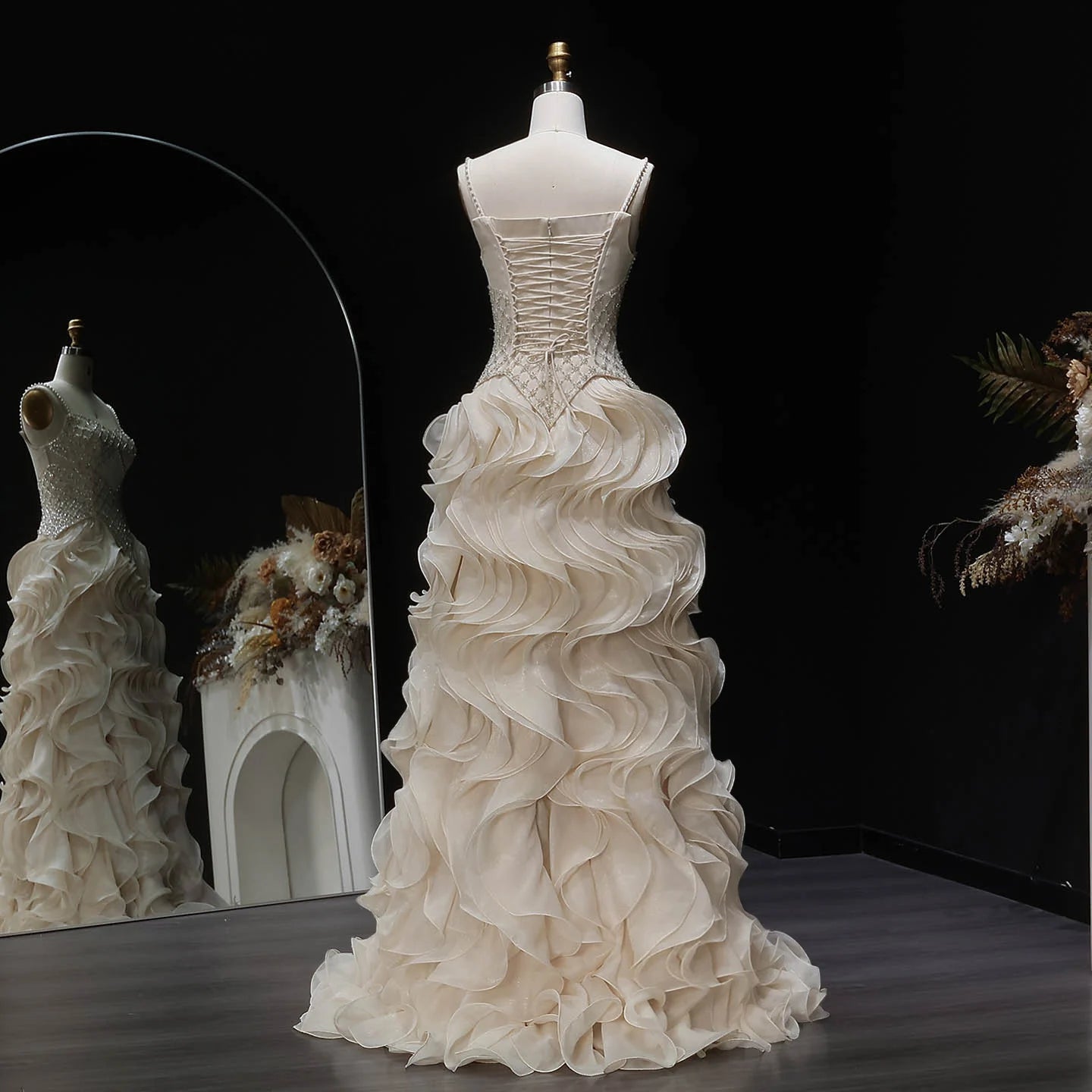 Beige Tiered Ruffle Evening Gown — Beaded Pearl GCC Luxury Formal — Riviera Couture GCC Luxury Evening Gown
