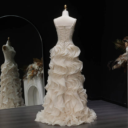 Beige Tiered Ruffle Evening Gown — Beaded Pearl GCC Luxury Formal — Riviera Couture GCC Luxury Evening Gown
