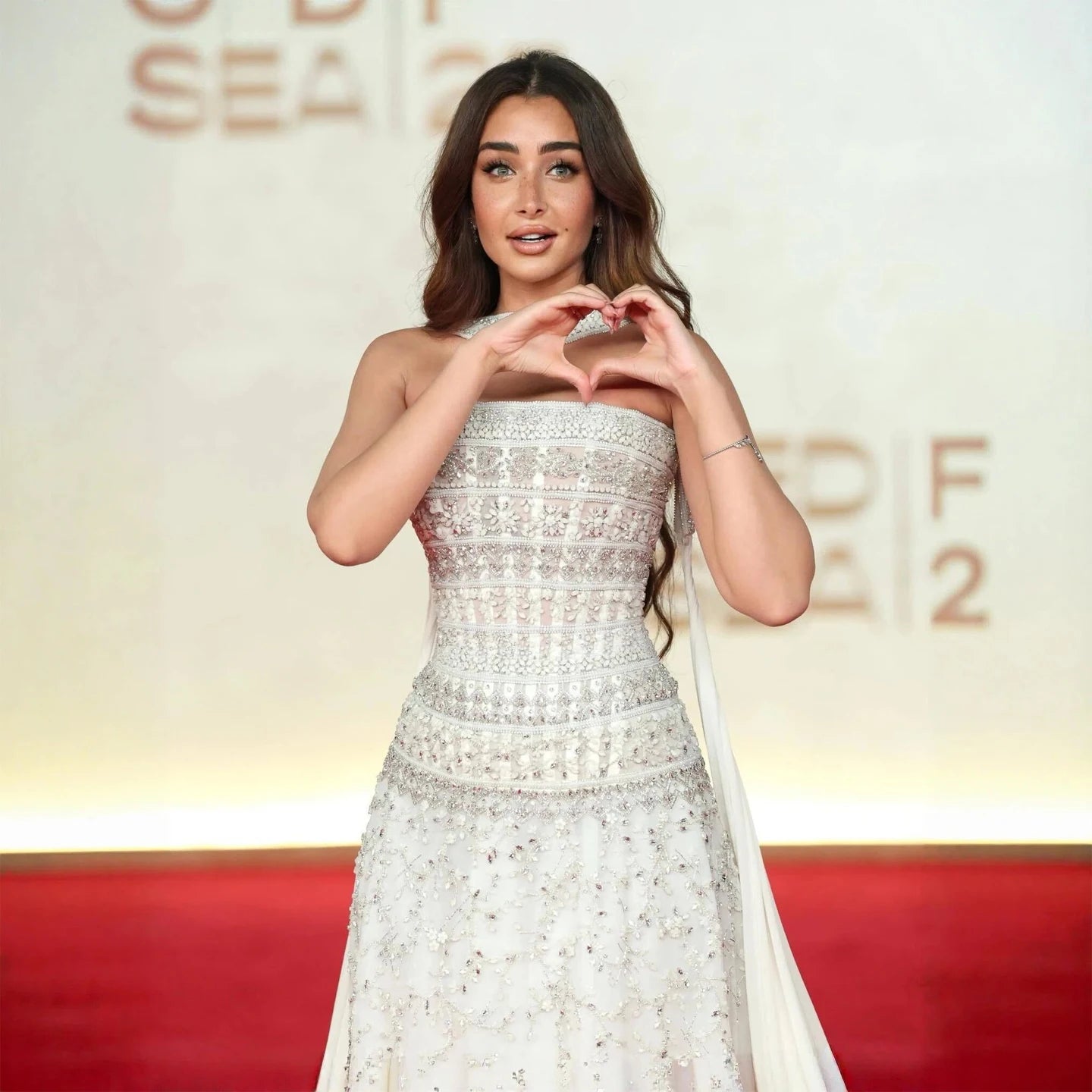 White White Crystal Sequined Evening Gown with Scarf — GCC Luxury Formal — Riviera Couture GCC Luxury Evening Gown