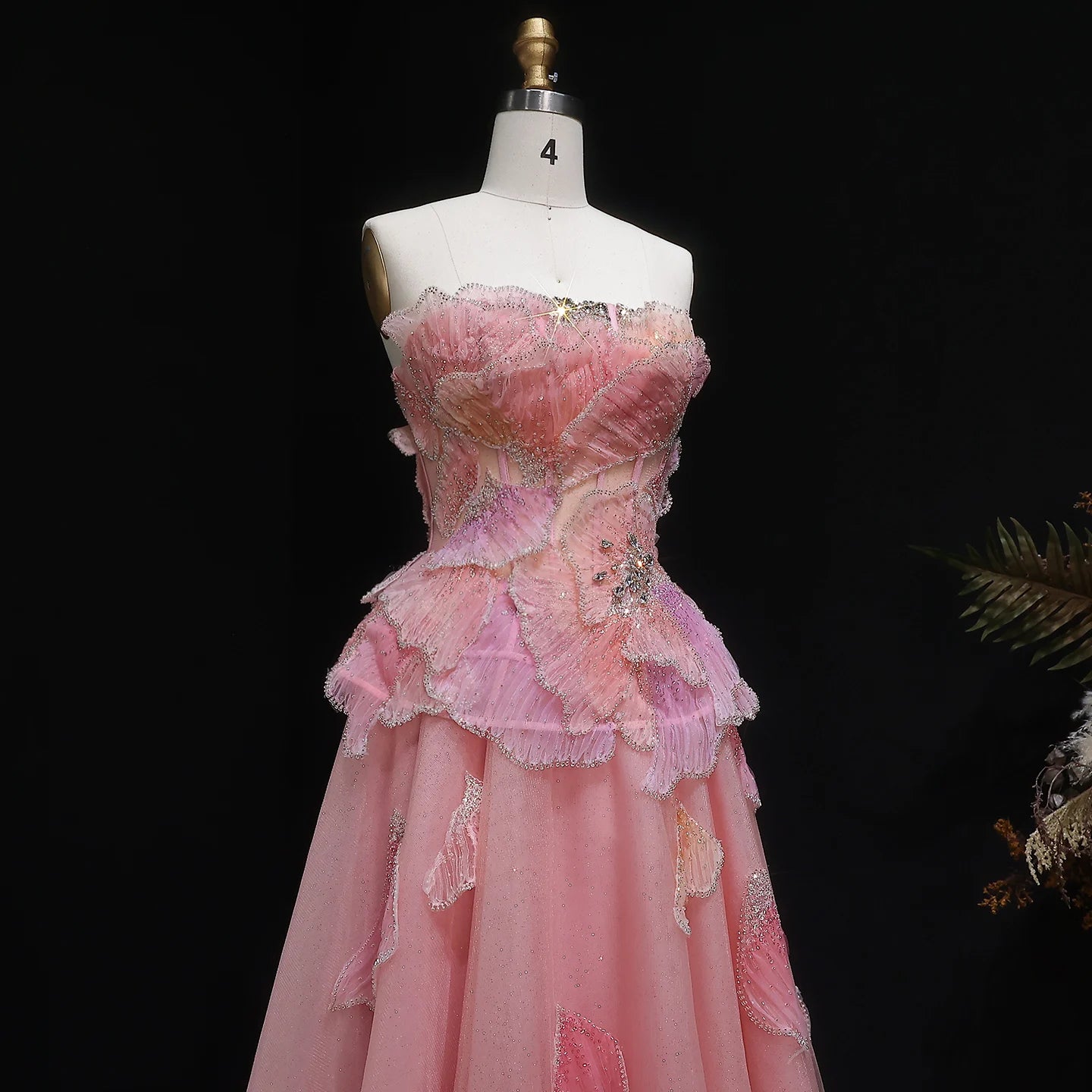 Pink Pink Strapless A-Line Evening Gown — 3D Flowers Crystal Beaded — Riviera Couture GCC Luxury Evening Gown