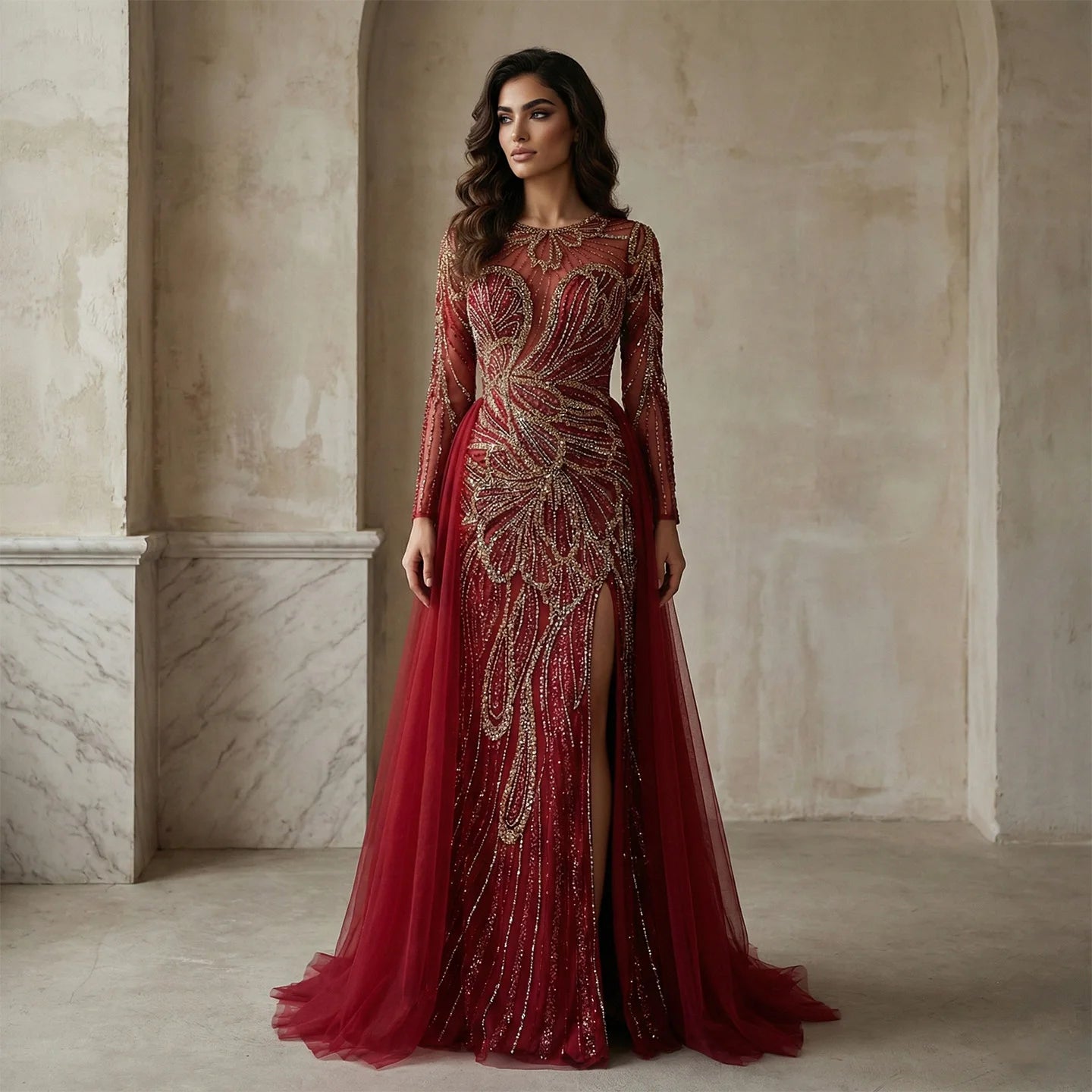 Wine Red Beaded Long Sleeve Evening Gown with Overskirt and Side Slit — Riviera Couture GCC Luxury Evening Gown