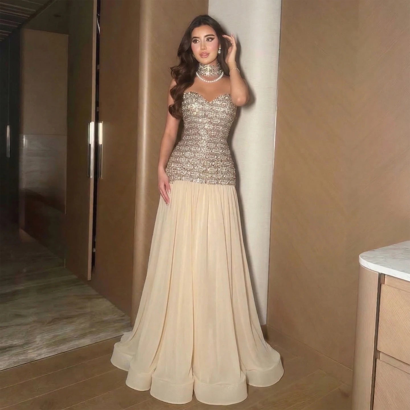 Gold Dubai A-Line Evening Gown — Beaded Crystal Bow Arabic Formal 2026 — Riviera Couture GCC Luxury Evening Gown