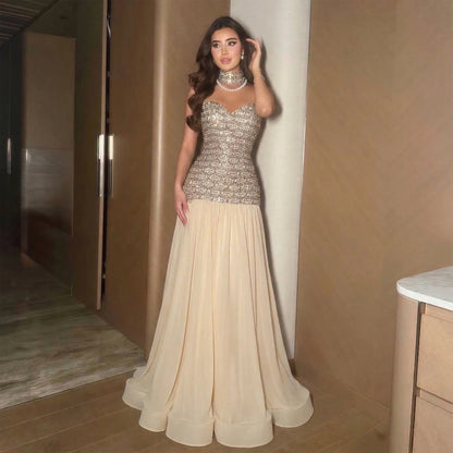 Gold Dubai A-Line Evening Gown — Beaded Crystal Bow Arabic Formal 2026 — Riviera Couture GCC Luxury Evening Gown