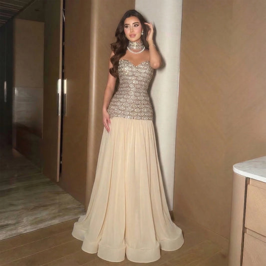 Gold Dubai A-Line Evening Gown — Beaded Crystal Bow Arabic Formal 2026 — Riviera Couture GCC Luxury Evening Gown