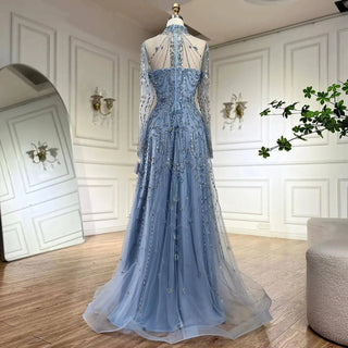 A-Line Blue Lace Beaded Luxury Evening Gown - RC310 - Riviera Couture