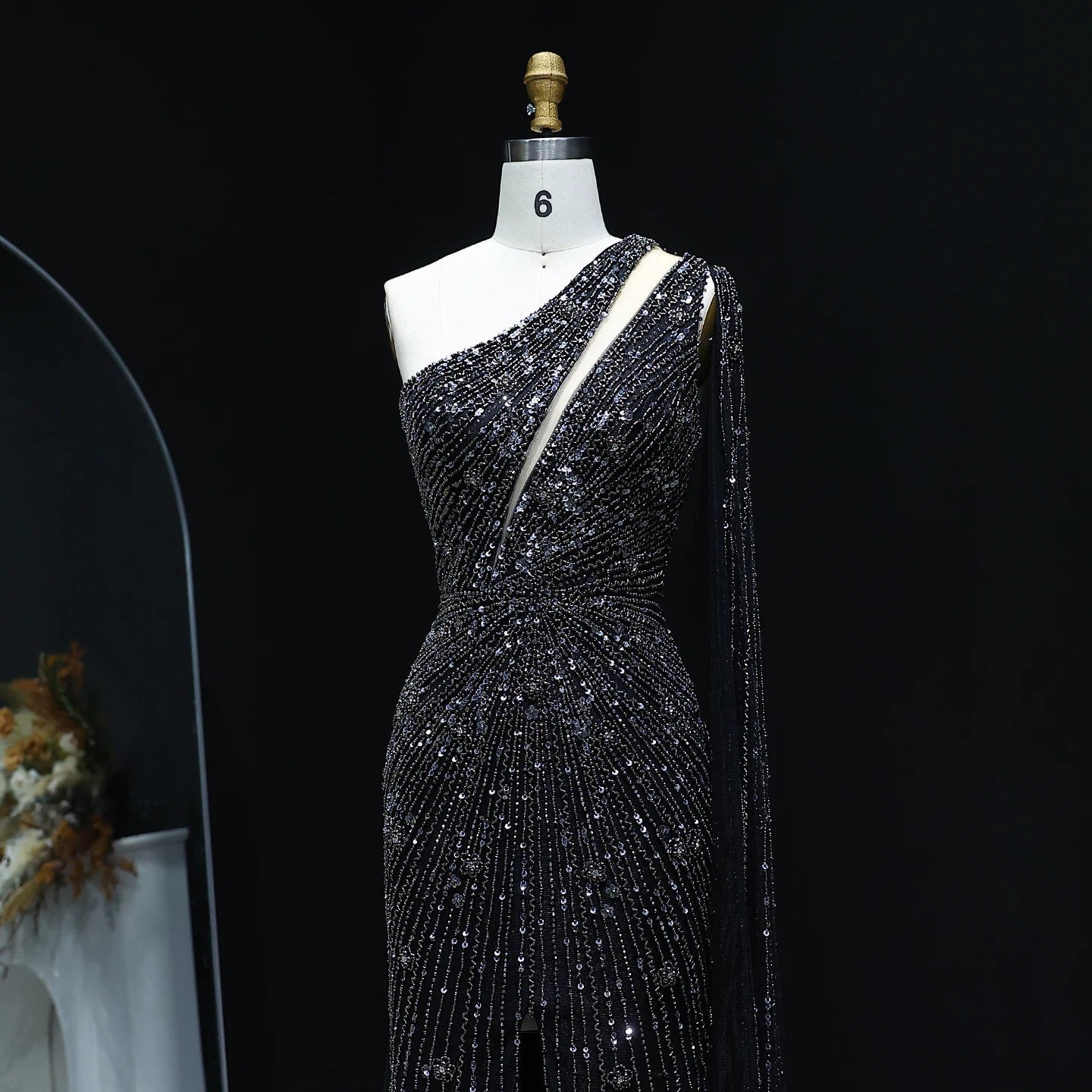 Yellow Black One-Shoulder Mermaid Evening Gown with Yellow Flowing Cape — Riviera Couture GCC Luxury Evening Gown