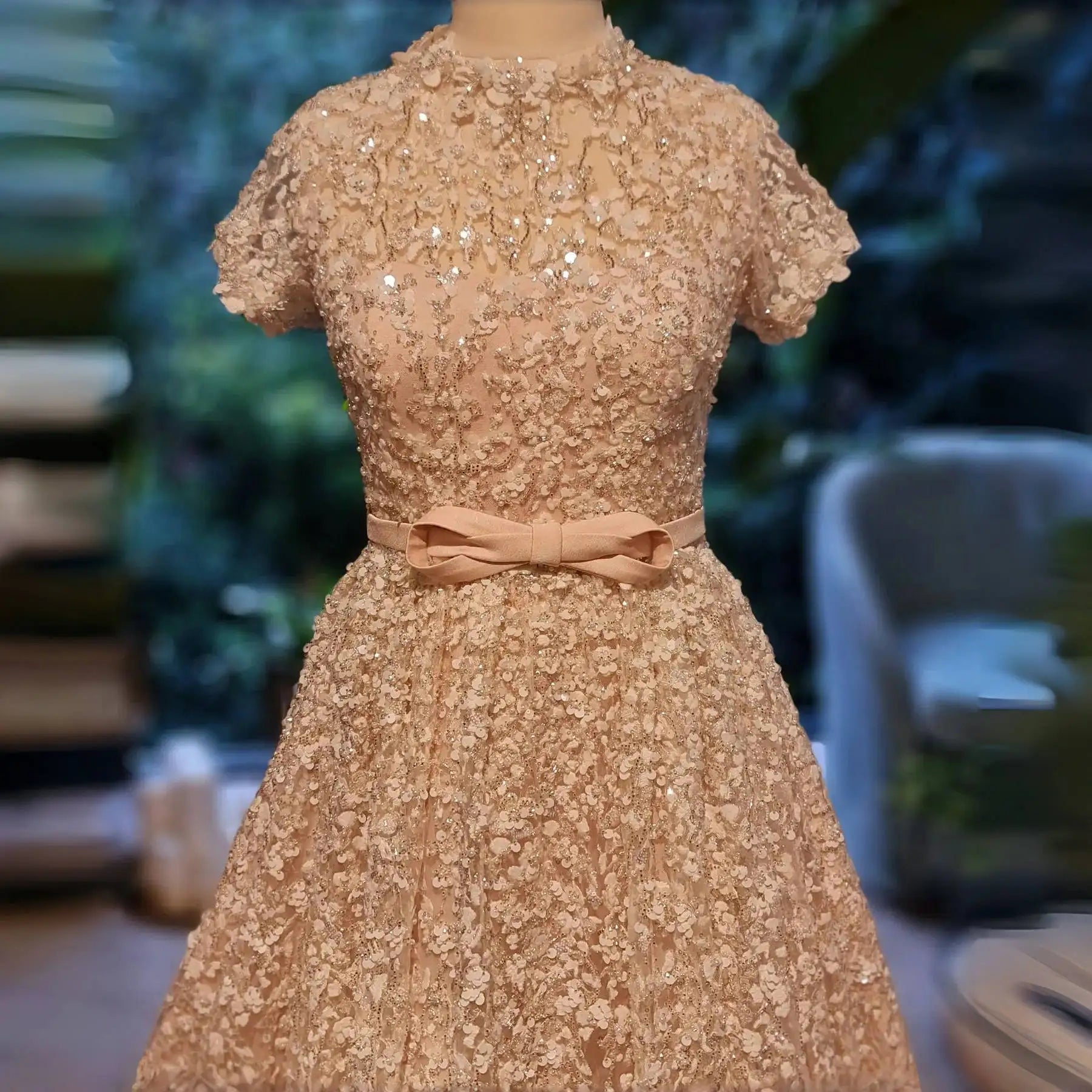 Peach Peach Embroidered Evening Gown with Bow — Luxury Beaded Arabic — Riviera Couture GCC Luxury Evening Gown