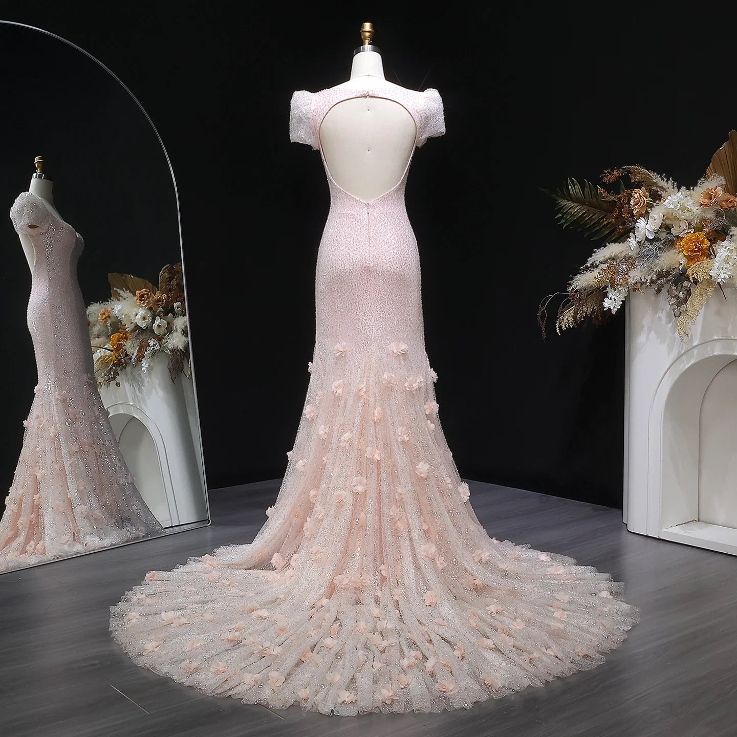 Pink Pink Floral Sequined Mermaid Evening Gown — GCC Wedding Formal — Riviera Couture GCC Luxury Evening Gown