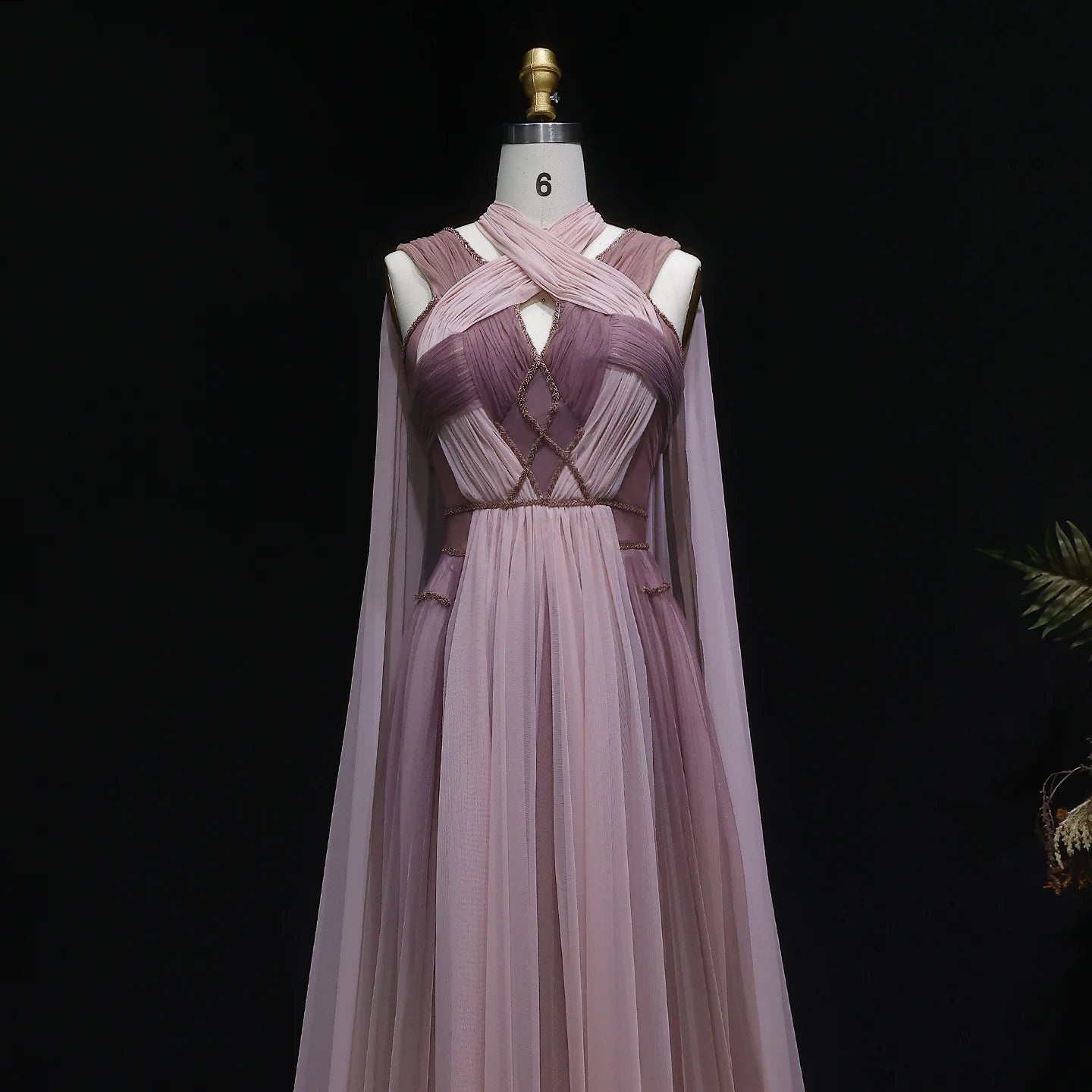 Ombre Pink Ombré Pink Cape Sleeve Evening Gown — Criss-Cross Halter Backless — Riviera Couture GCC Luxury Evening Gown