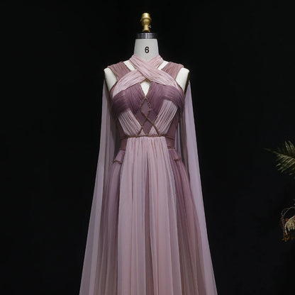 Ombre Pink Ombré Pink Cape Sleeve Evening Gown — Criss-Cross Halter Backless — Riviera Couture GCC Luxury Evening Gown