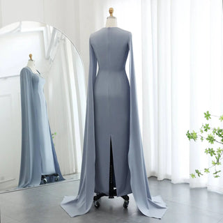 Elegant Blue Mermaid Arabic Evening Dress with Cape Sleeves - Riviera Couture