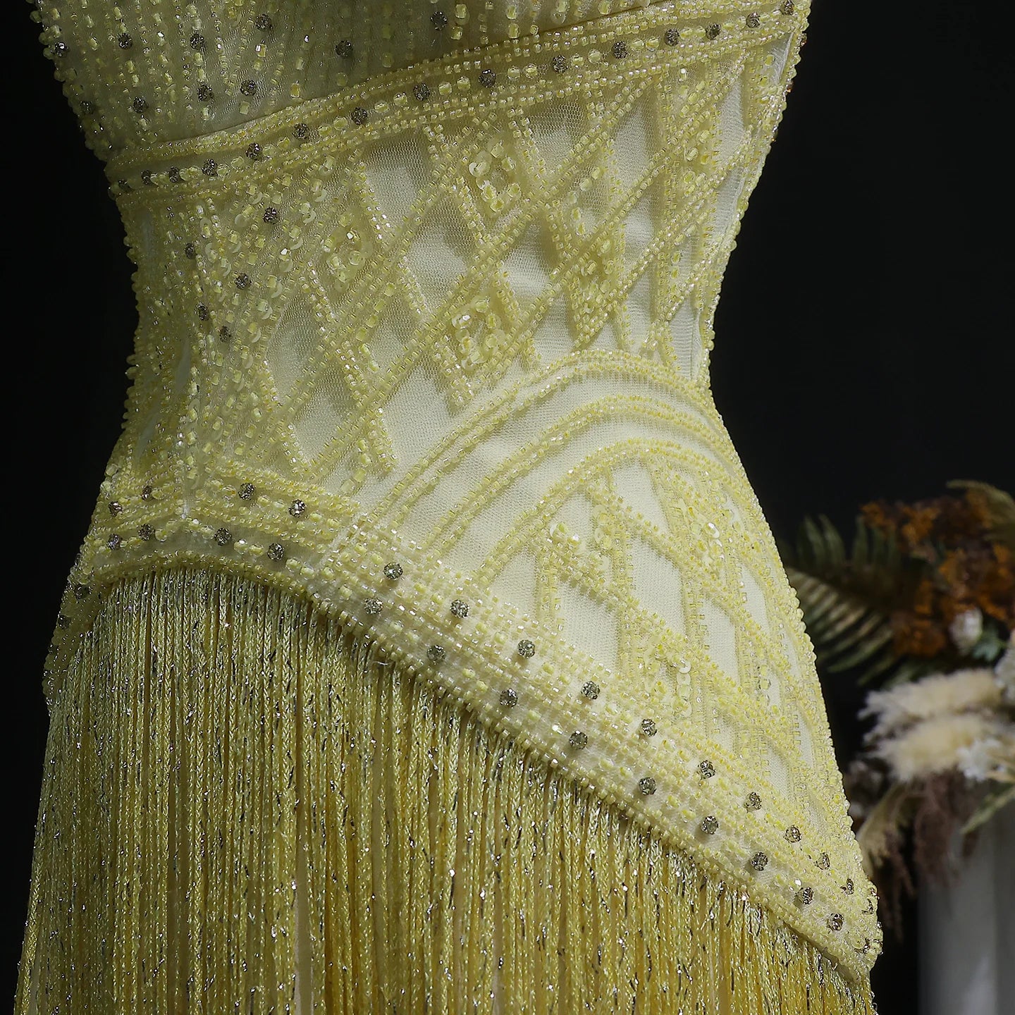 Yellow Yellow Mermaid Evening Gown — Beaded Tassel Halter V-Neck GCC — Riviera Couture GCC Luxury Evening Gown