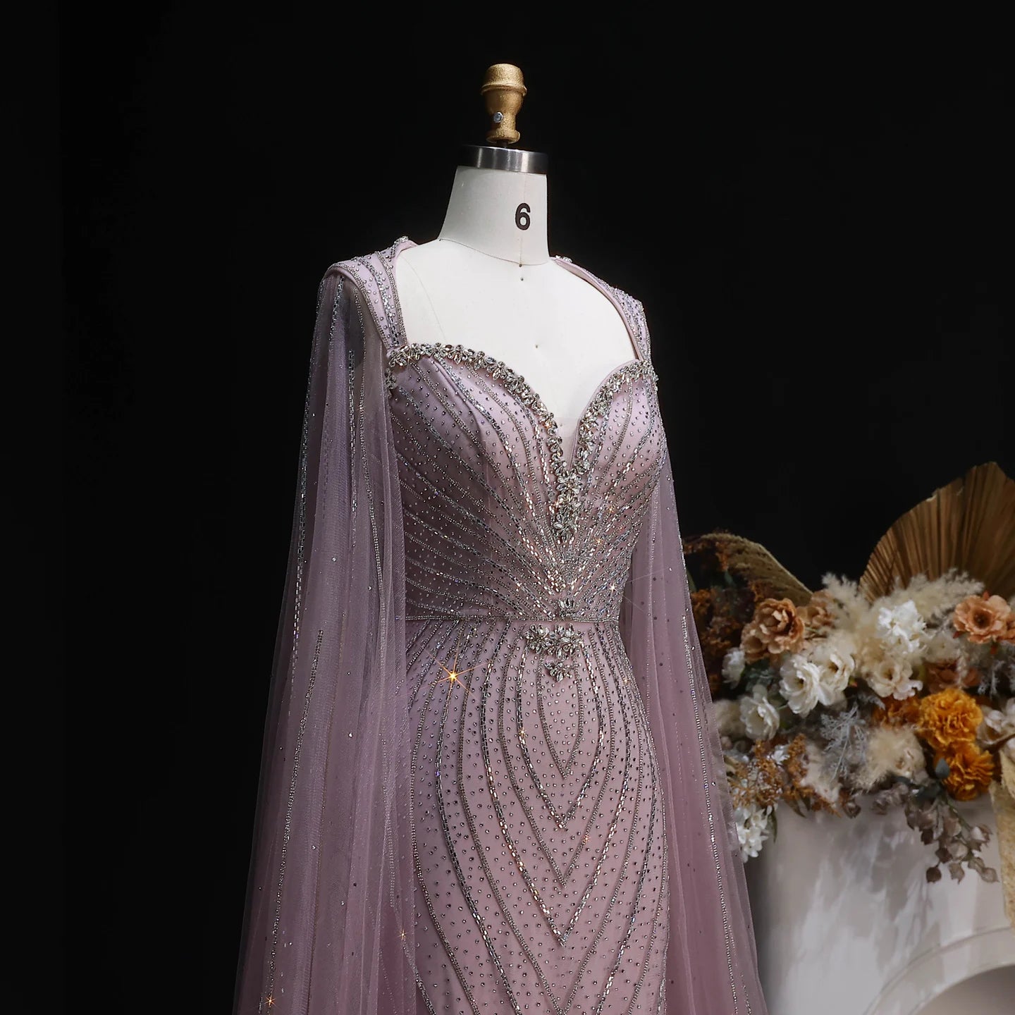 Champagne Beaded Mermaid Evening Gown with Cape Sleeves — Dubai Arabic Formal — Riviera Couture GCC Luxury Evening Gown