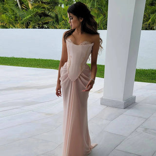 Blush Pink Handmade Corset Draped Chiffon Mermaid Evening Dress RC25 - Riviera Couture