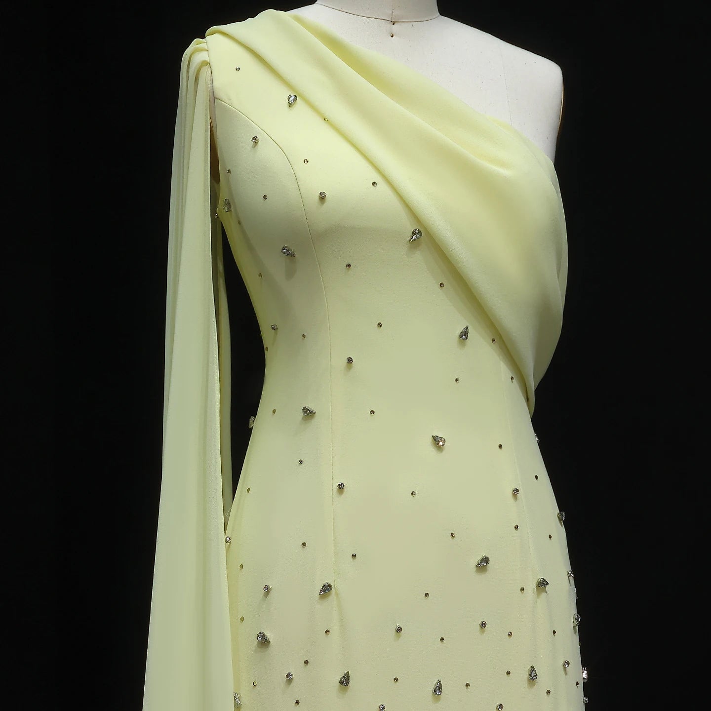 Yellow Modest One-Shoulder Mermaid Evening Gown — 3D Leaves Crystal Cape — Riviera Couture GCC Luxury Evening Gown