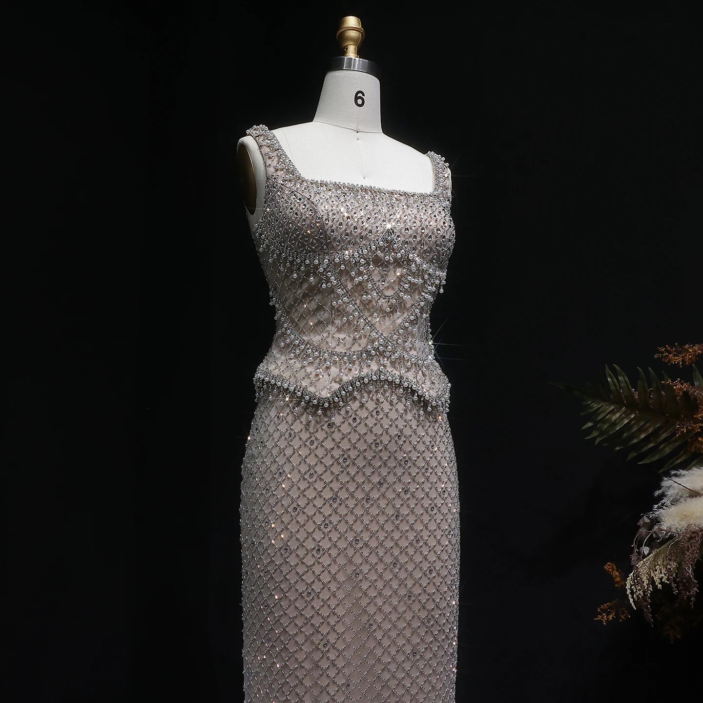 Gray Gray Straight Evening Gown with Straps — Dubai Arabic Luxury Formal — Riviera Couture GCC Luxury Evening Gown