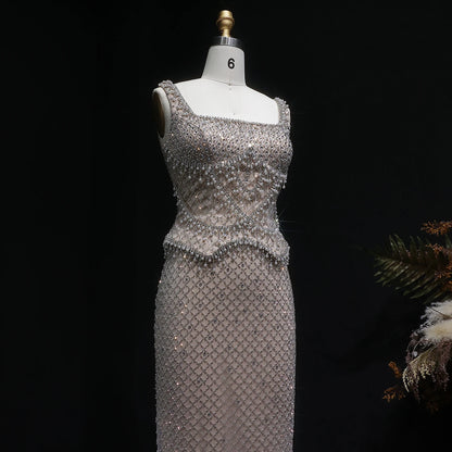 Gray Gray Straight Evening Gown with Straps — Dubai Arabic Luxury Formal — Riviera Couture GCC Luxury Evening Gown