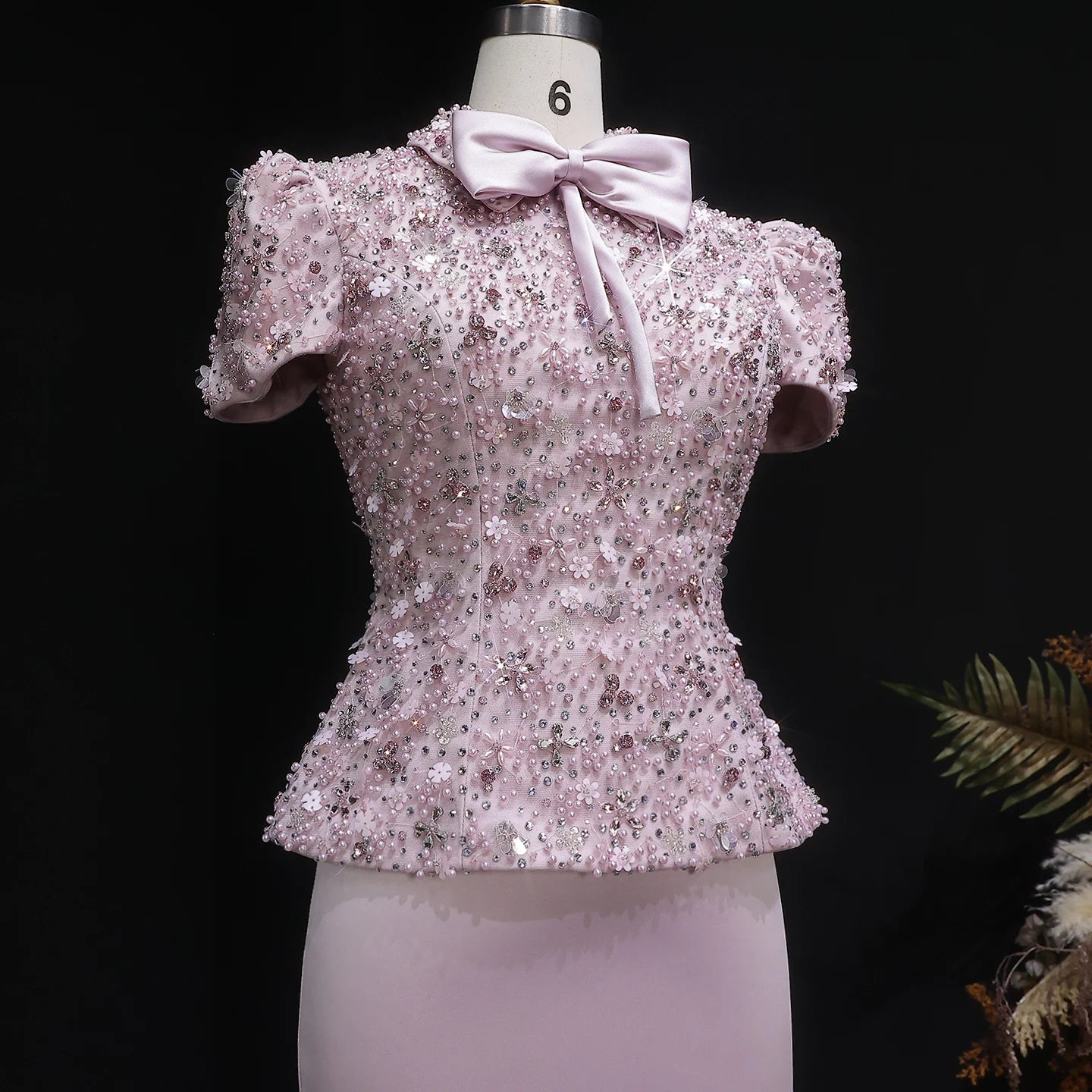 Pink Pink Beaded Two-Piece Evening Gown — Short Sleeve Arabic Luxury — Riviera Couture GCC Luxury Evening Gown