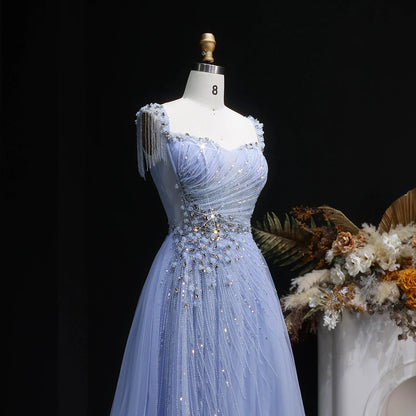 Blue A-Line Evening Gown — Tassel Beaded Crystal GCC Luxury 2026 — Riviera Couture GCC Luxury Evening Gown