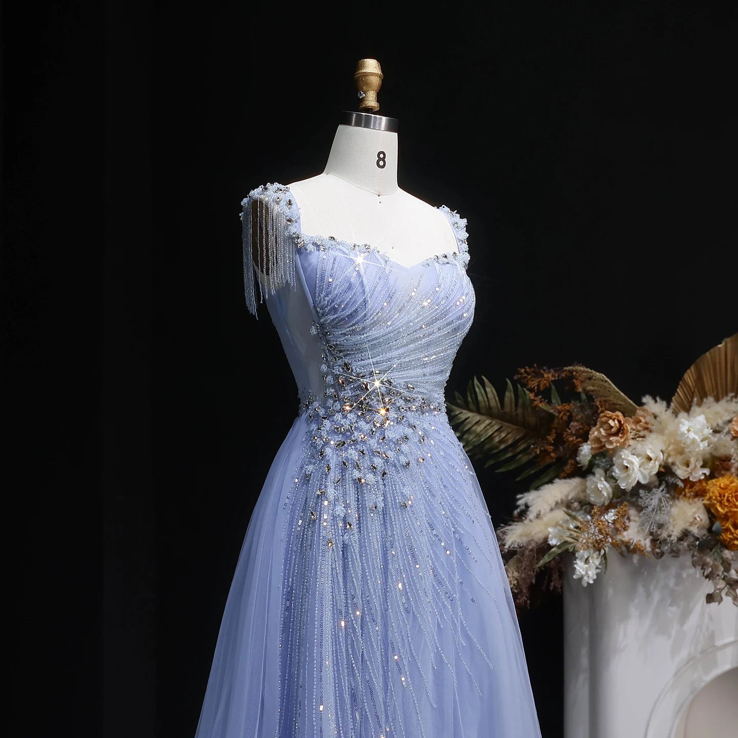 Champagne A-Line Evening Gown — Tassel Beaded Crystal GCC Luxury 2026 — Riviera Couture GCC Luxury Evening Gown