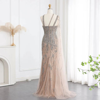 Luxury Beaded Nude Evening Dress with Cape Side Slit One Shoulder - Riviera Couture