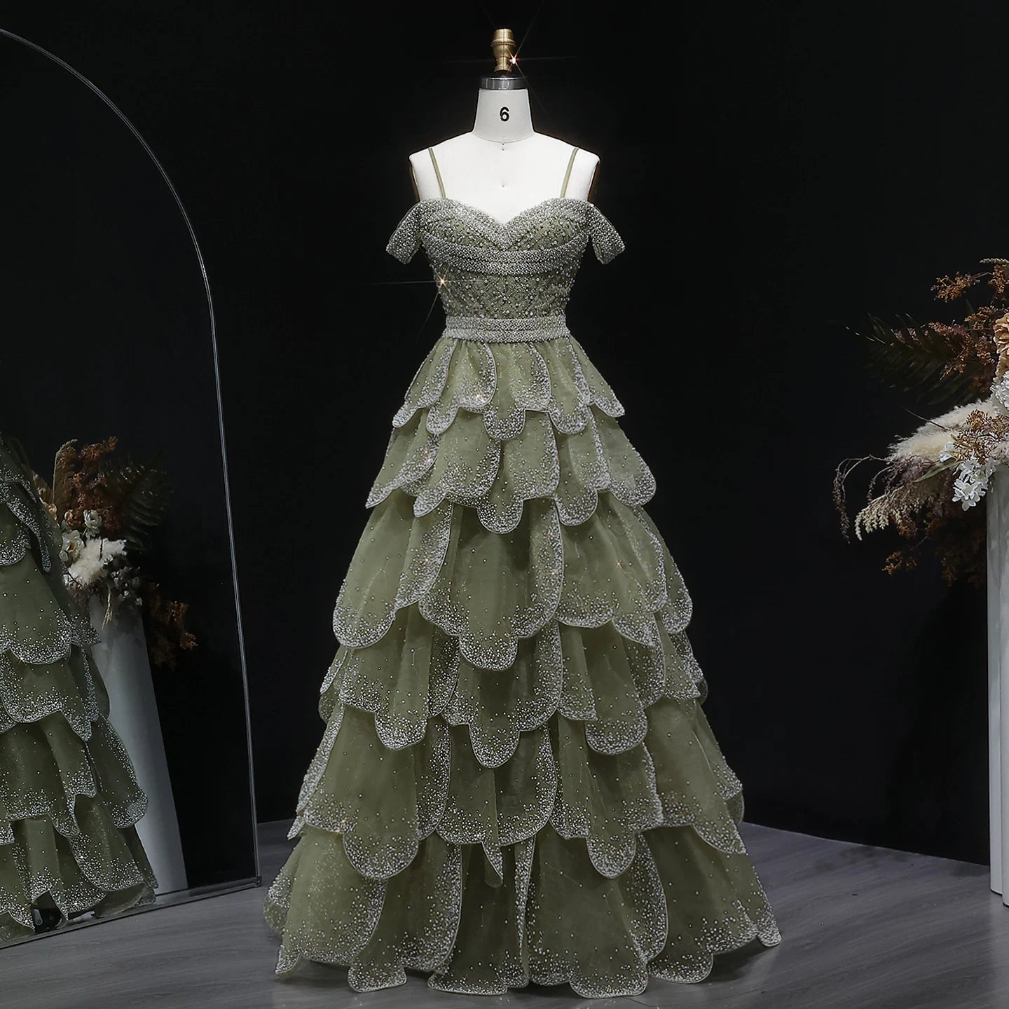 Sage Green Off-Shoulder Tiered Ruffle Evening Gown — GCC Formal — Riviera Couture GCC Luxury Evening Gown