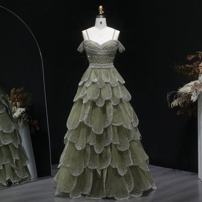 Sage Green Off-Shoulder Tiered Ruffle Evening Gown — GCC Formal — Riviera Couture GCC Luxury Evening Gown