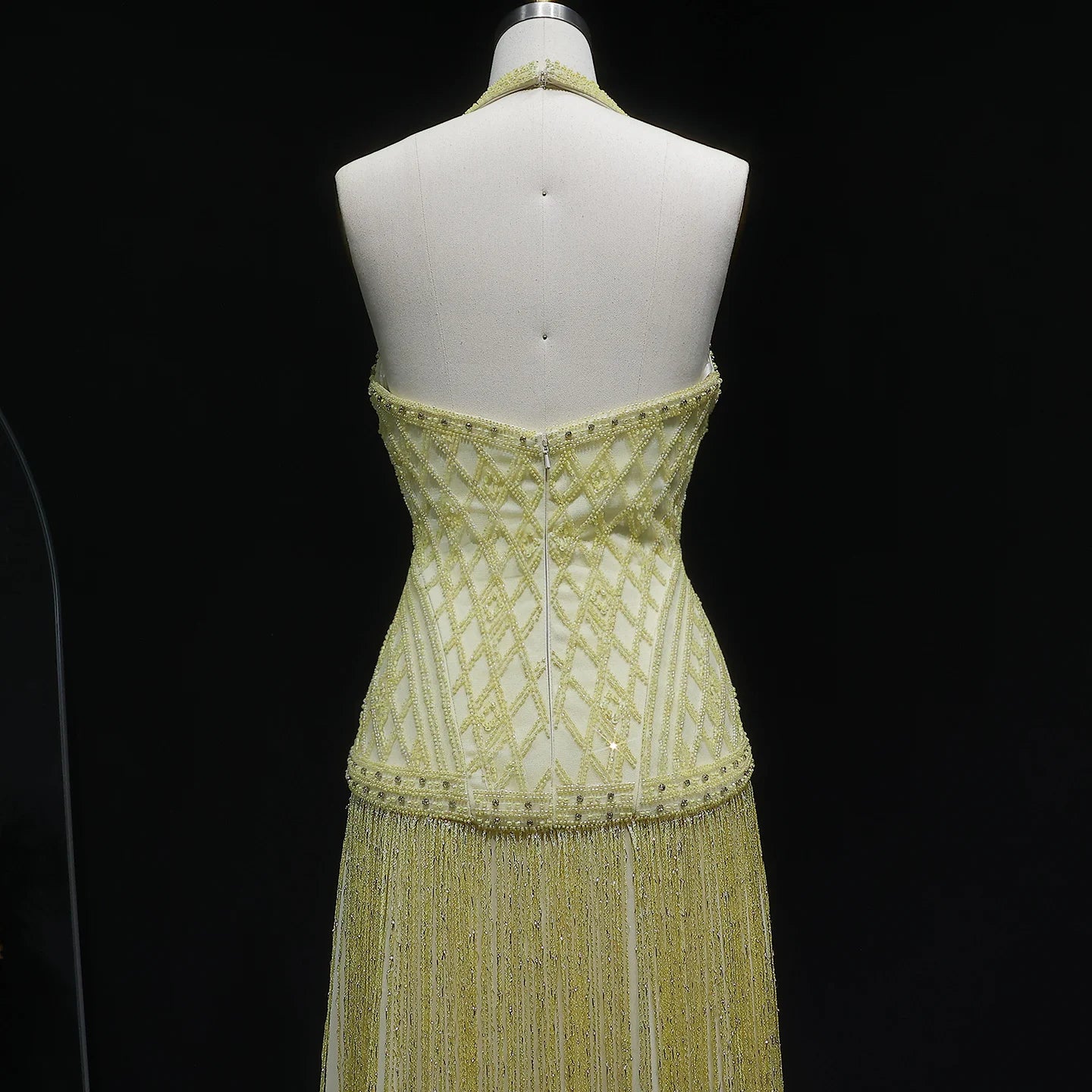 Yellow Yellow Mermaid Evening Gown — Beaded Tassel Halter V-Neck GCC — Riviera Couture GCC Luxury Evening Gown