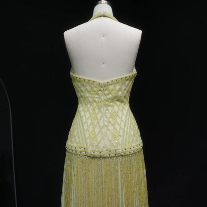 Yellow Yellow Mermaid Evening Gown — Beaded Tassel Halter V-Neck GCC — Riviera Couture GCC Luxury Evening Gown