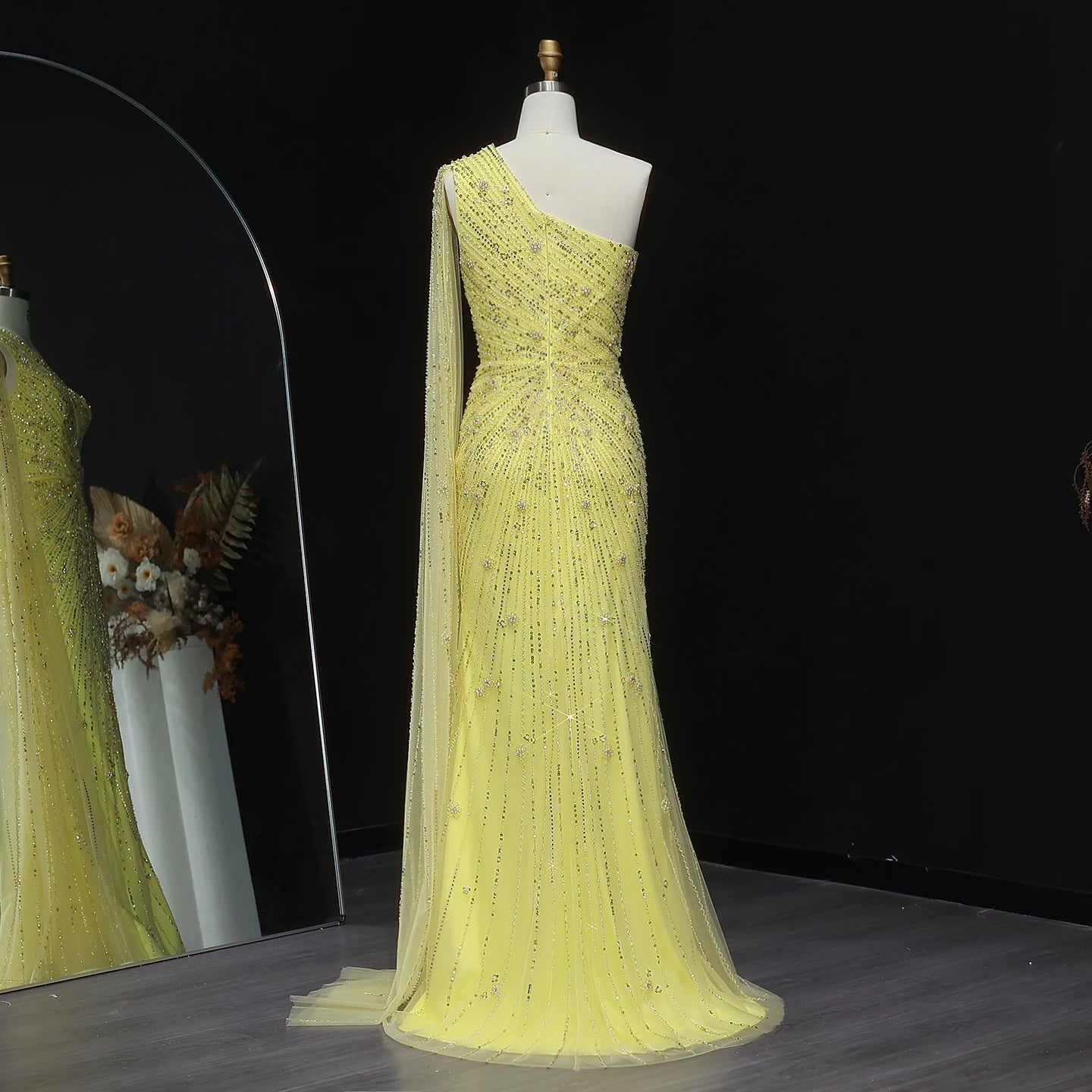 black Black One-Shoulder Mermaid Evening Gown with Yellow Flowing Cape — Riviera Couture GCC Luxury Evening Gown