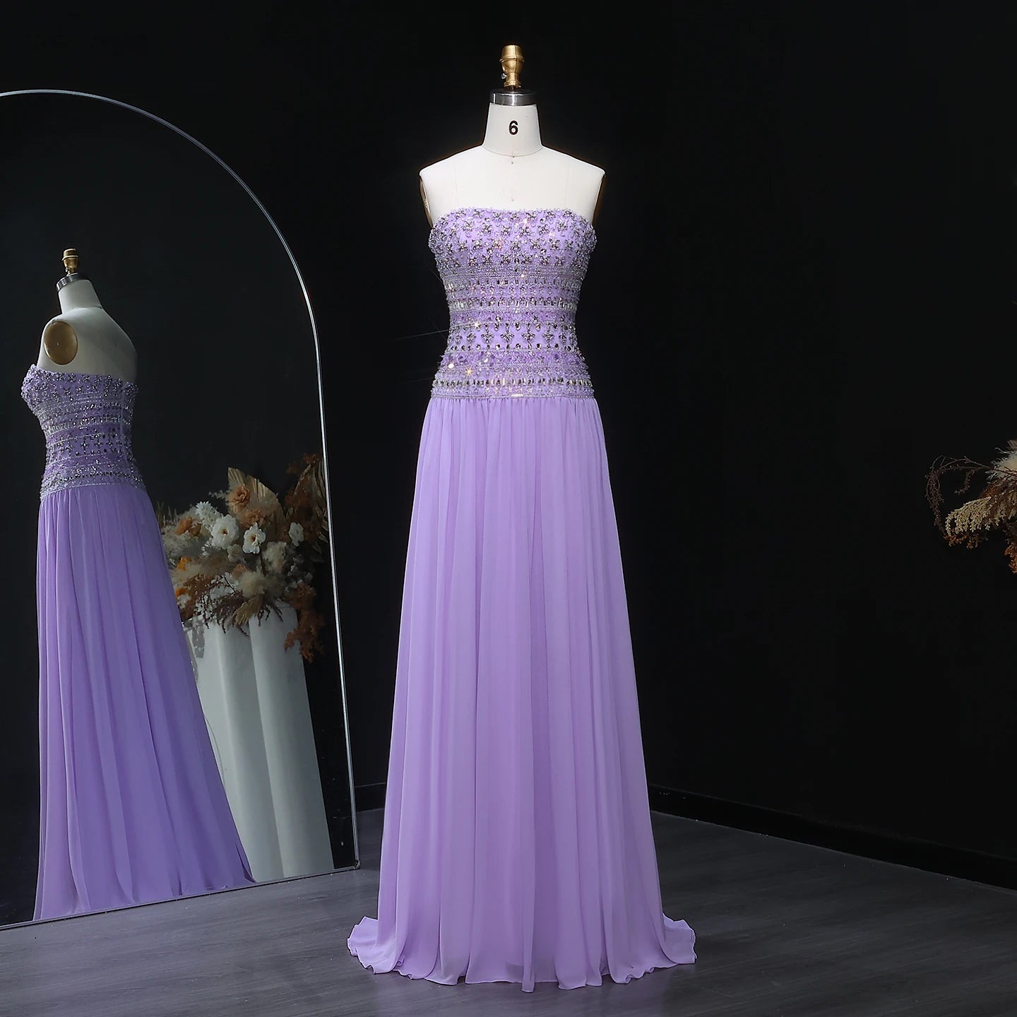 Peach Long Sleeves Lilac Beaded Strapless Evening Gown with Flowing Chiffon Skirt — Riviera Couture GCC Luxury Evening Gown