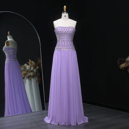 Peach Long Sleeves Lilac Beaded Strapless Evening Gown with Flowing Chiffon Skirt — Riviera Couture GCC Luxury Evening Gown
