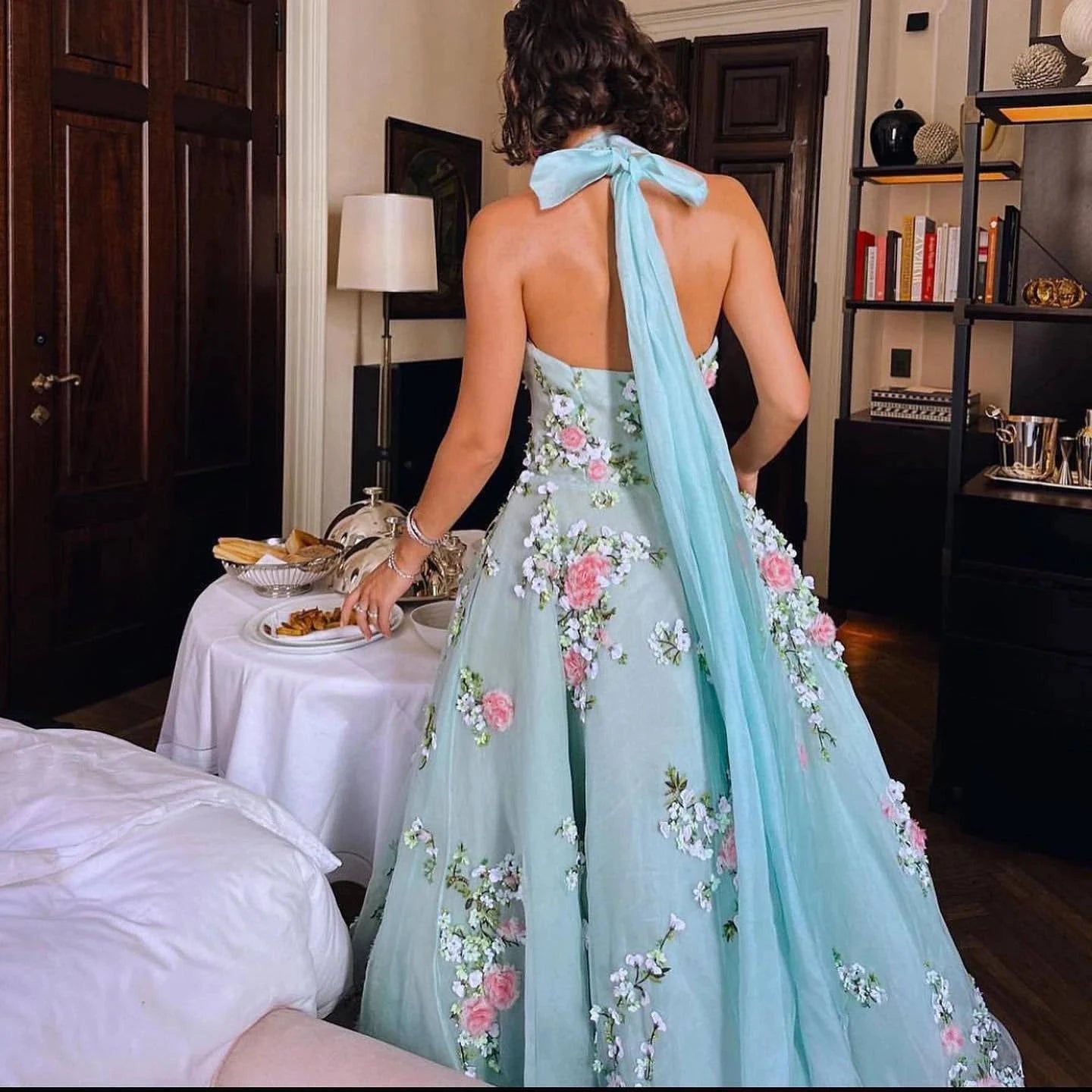 3D Flowers Halter Aqua Evening Dress - RC03 - Riviera Couture