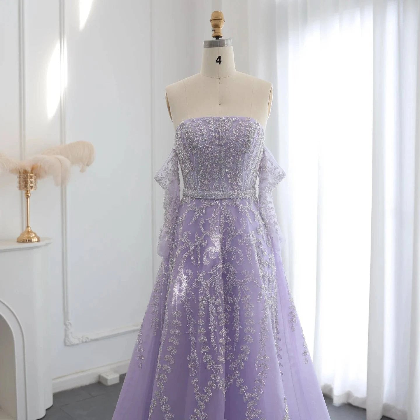 Beaded Lilac Evening Dress with Sleeve Gloves - Riviera Couture