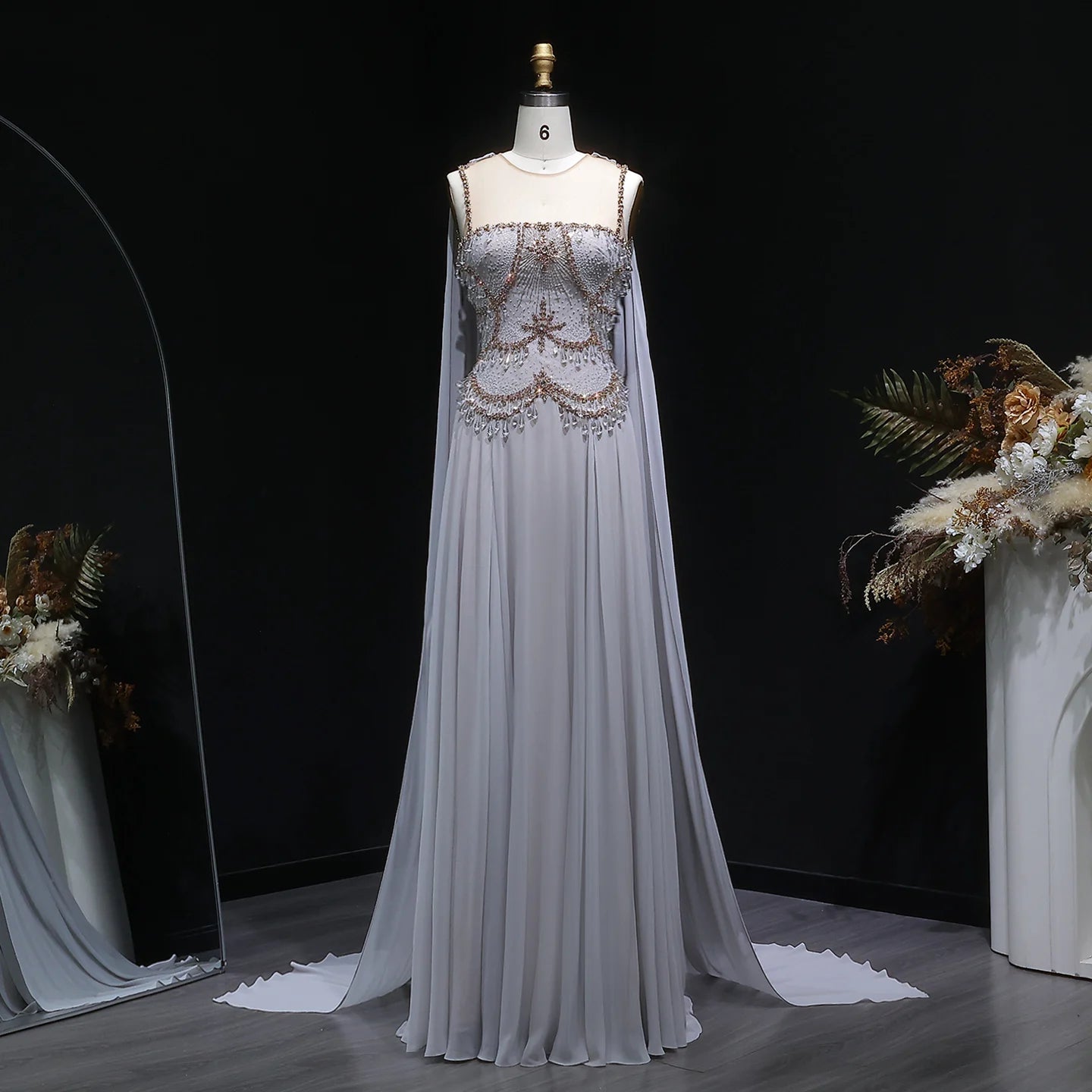 Silver Gold Cape Sleeve Evening Gown — Crystal Beaded Blush Pink — Riviera Couture GCC Luxury Evening Gown