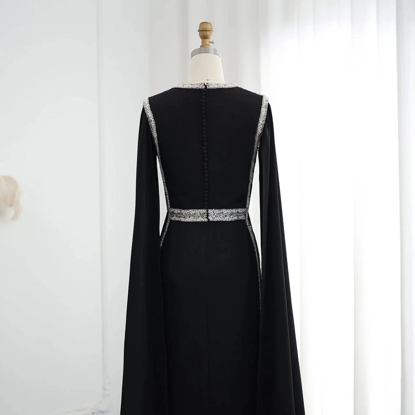 Beaded Black Elegant Evening Dress with Cape Sleeves - Riviera Couture