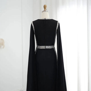 Beaded Black Elegant Evening Dress with Cape Sleeves - Riviera Couture