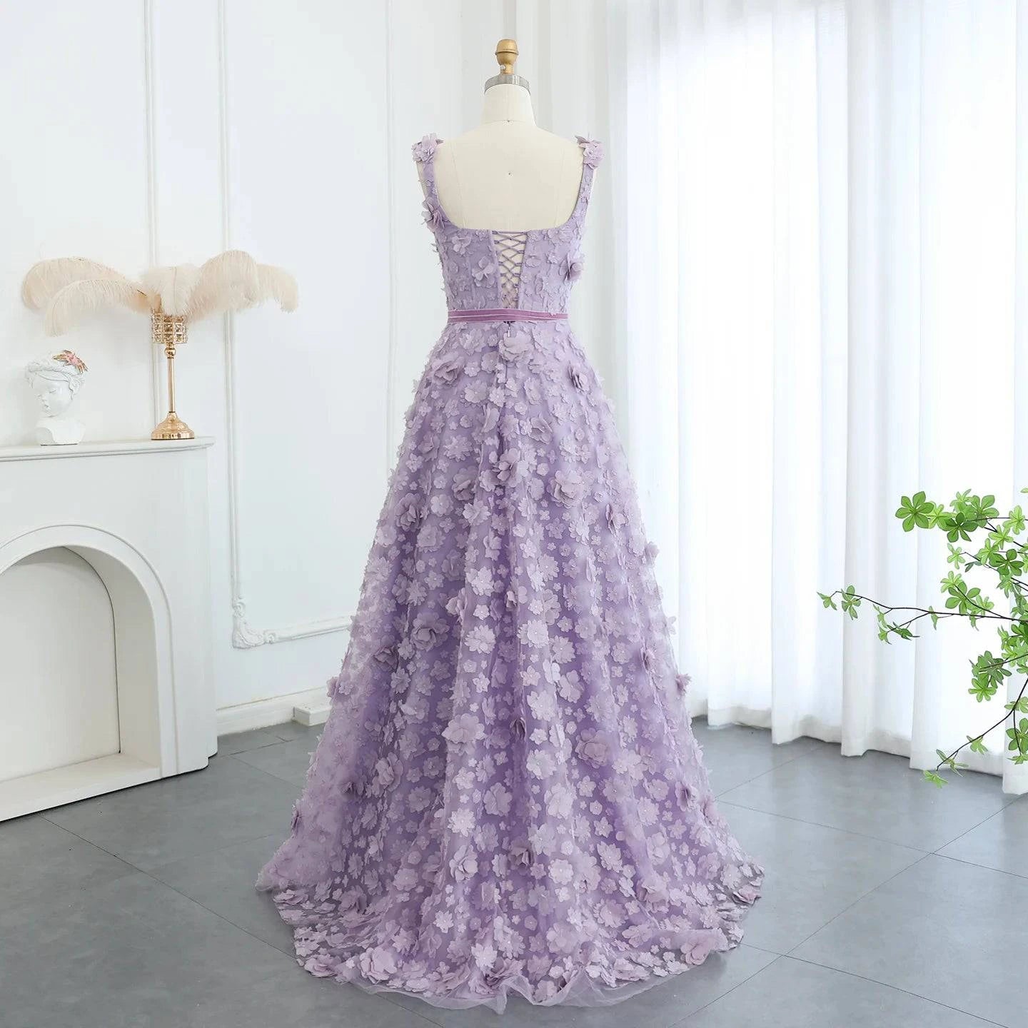 3D Embroidered Flowers Evening Dress with High Slit - Riviera Couture