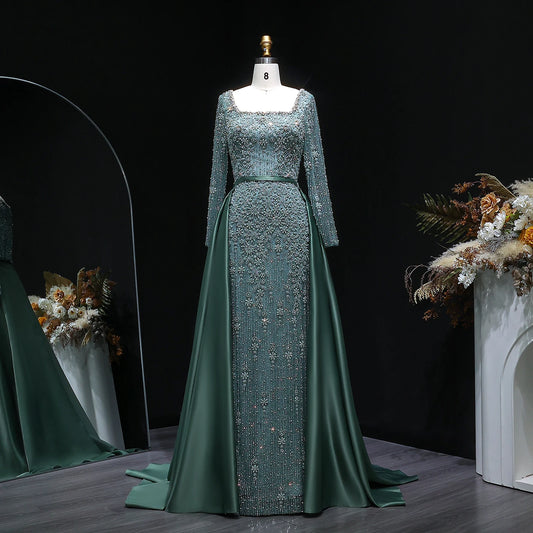 Green Beaded Long Sleeve Mermaid Evening Gown with Overskirt — Arabic — Riviera Couture GCC Luxury Evening Gown
