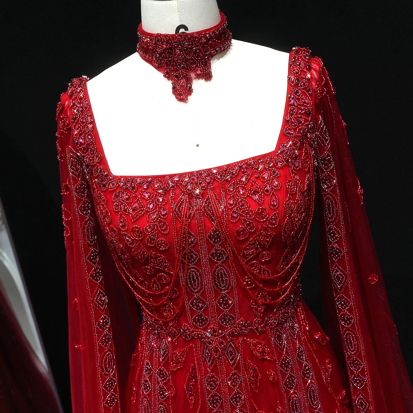 Pink Nude Arabic Evening Gown with Cape Sleeves and Wine Red Choker — Riviera Couture GCC Luxury Evening Gown