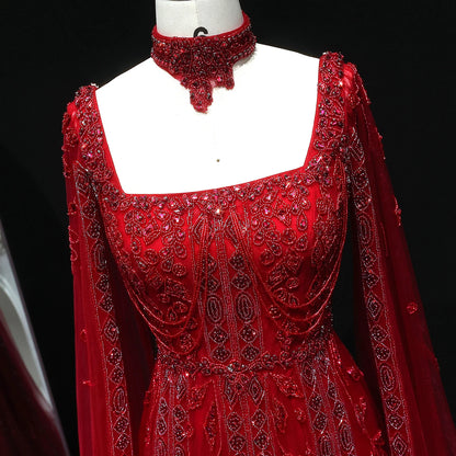 Pink Nude Arabic Evening Gown with Cape Sleeves and Wine Red Choker — Riviera Couture GCC Luxury Evening Gown