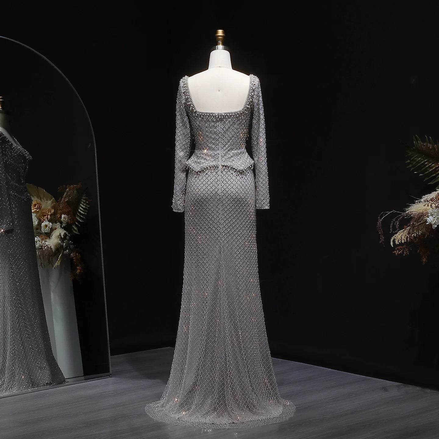Champagne Champagne Crystal Long Sleeve Evening Gown — Dubai Arabic Luxury — Riviera Couture GCC Luxury Evening Gown