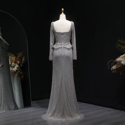 Champagne Champagne Crystal Long Sleeve Evening Gown — Dubai Arabic Luxury — Riviera Couture GCC Luxury Evening Gown