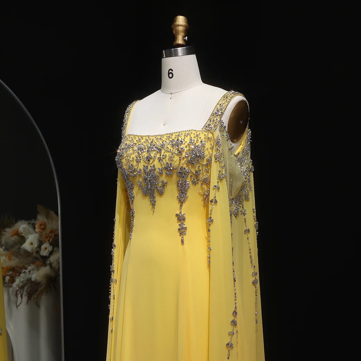 Blue Blue Crystal Evening Gown with Flowing Cape Sleeve — Arabic Luxury — Riviera Couture GCC Luxury Evening Gown
