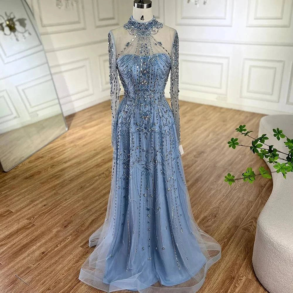 A-Line Blue Lace Beaded Luxury Evening Gown - RC310 - Riviera Couture