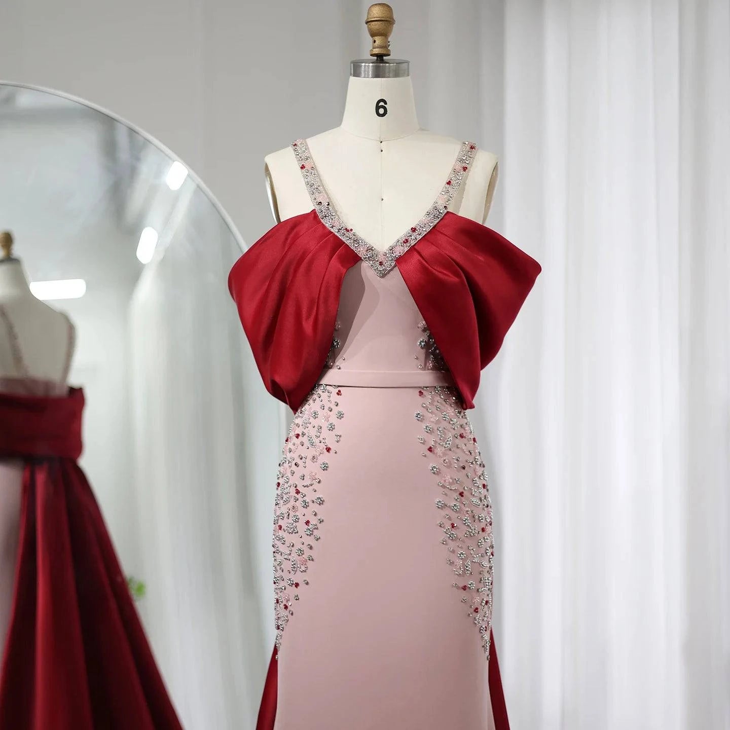 Pink Burgundy Mermaid Evening Dress with Cape - Riviera Couture